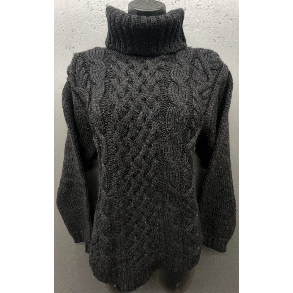 Peregrine Wool Sweater Women M Dark Gray Black Cable Knit Turtleneck Fisherman‎